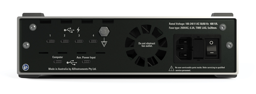 PowerLab C可通过电源、PC端口、辅助端口供电